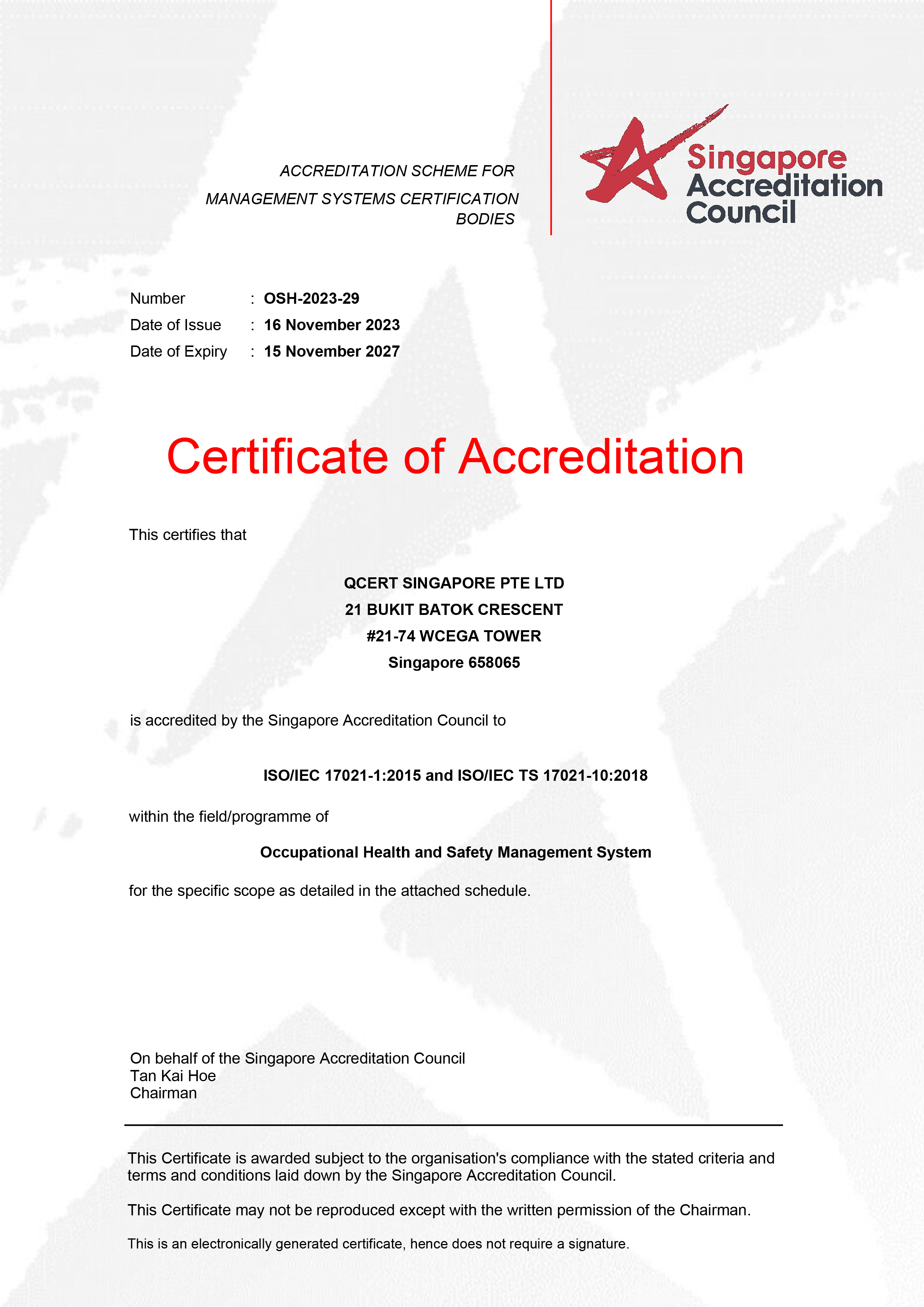 SAC Certificate — ISO 45001 (OSH-2023-29)